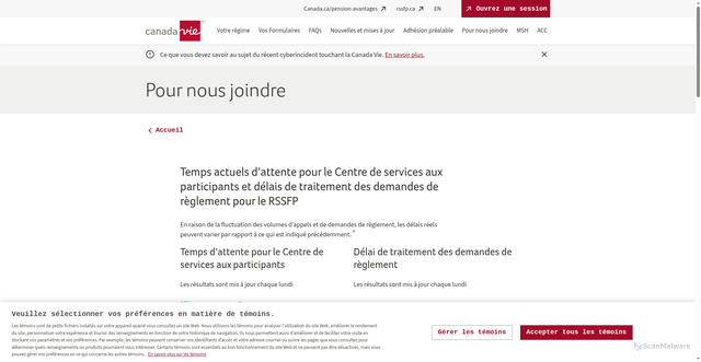 Security scan screenshot of https://www.bienvenue.canadavie.com/rssfp/pour-nous-joindre.html
