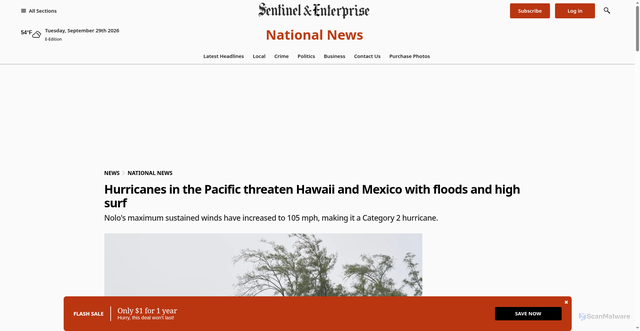 Security scan screenshot of https://www.sentinelandenterprise.com/2026/09/25/hurricane-nolo-hawaii-polo-mexico/