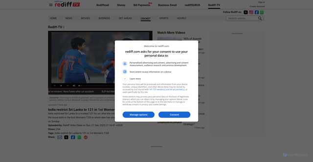 Security scan screenshot of https://tv.rediff.com/cricket/india-restrict-sri-lanka-to-121-in-1st-womens-t20i/365132