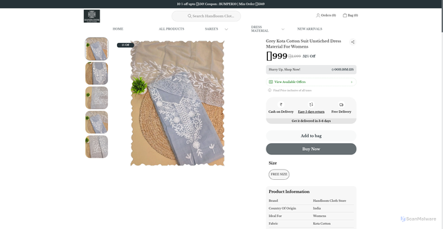 Security scan screenshot of https://handloomclothstore.com/Grey-Kota-Cotton-Suit-Unstiched-Dress-Material-For-Womens/catalogue/EkXefYPC/GaFG-uBr
