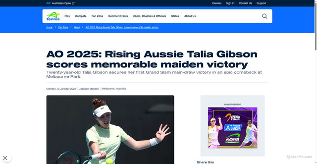 Security scan screenshot of https://www.tennis.com.au/fan-zone/news/2025/01/13/ao-2025-rising-aussie-talia-gibson-scores-memorable-maiden-win
