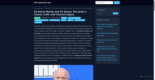Security scan screenshot of https://apx1.tntfireworks.com/article/ed-harris-movies-and-tv-shows-the-actor-s-career-craft-and-cultural-legacy