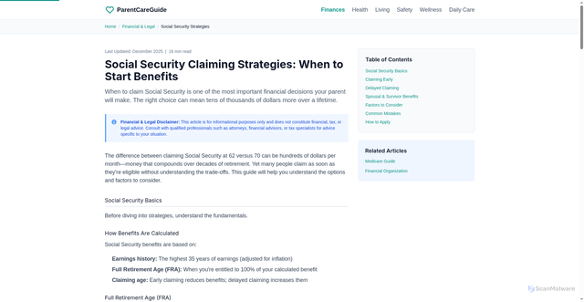 Security scan screenshot of https://parentcareguide.com/finances/social-security-claiming-strategies