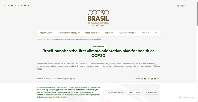 Security scan screenshot of https://cop30.br/en/news-about-cop30/brazil-launches-the-first-climate-adaptation-plan-for-health-at-cop30