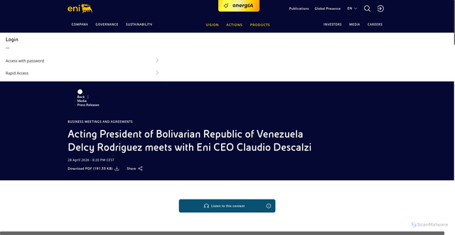 Security scan screenshot of https://www.eni.com/en-IT/media/press-release/2026/04/acting-president-bolivarian-republic-venezuela-delcy-rodriguez-meets-eni-ceo-claudio-descalzi.html