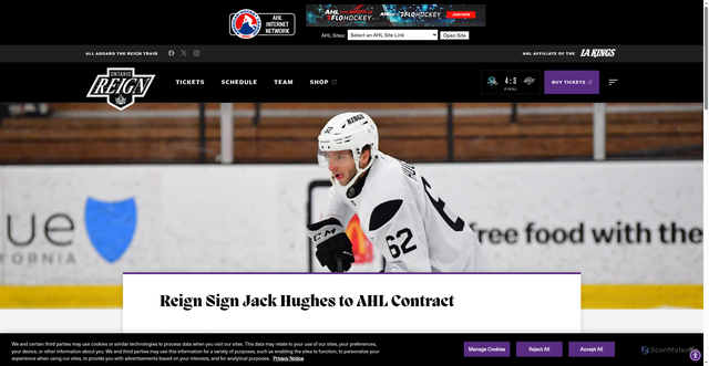 Security scan screenshot of https://ontarioreign.com/news/reign-sign-jack-hughes-to-ahl-contract
