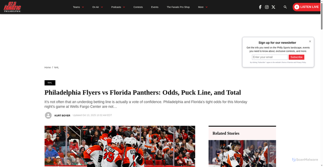 Security scan screenshot of https://975thefanatic.com/2025/10/13/philadelphia-flyers-vs-florida-panthers-odds-puck-line-and-total/
