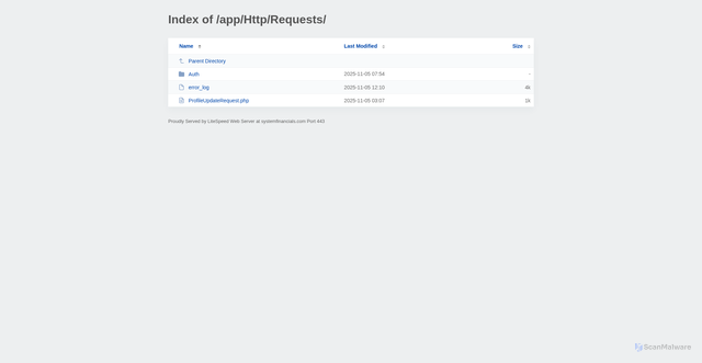 Security scan screenshot of http://systemfinancials.com/app/Http/Requests/