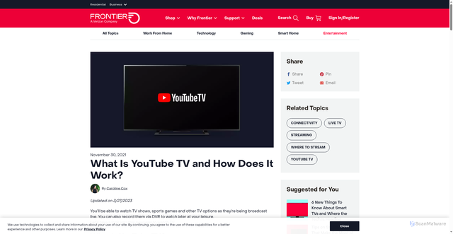 Security scan screenshot of https://blog.frontier.com/2021/11/what-is-youtube-tv-and-how-does-it-work/