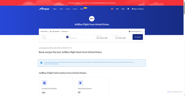 Security scan screenshot of https://www.airpaz.com/en/airlines/B6-JetBlue/from-country/united-states-us