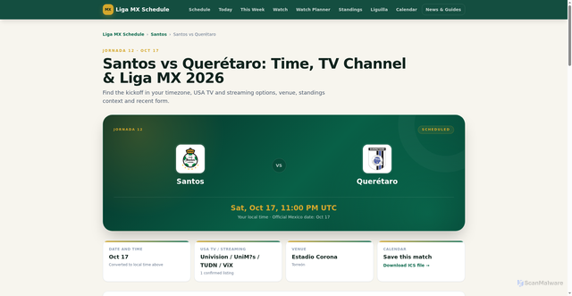 Security scan screenshot of https://www.ligamxschedule.com/liga-mx-game/401876942/santos-vs-queretaro