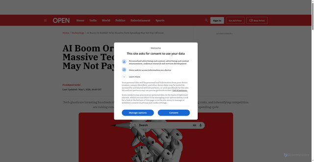Security scan screenshot of https://openthemagazine.com/technology/ai-boom-or-bubble-why-massive-tech-spending-may-not-pay-off-soon