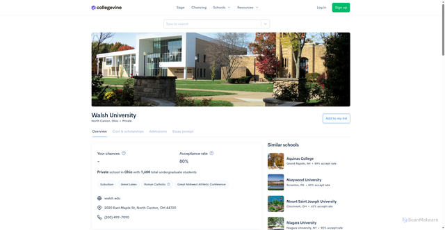 Security scan screenshot of https://www.collegevine.com/schools/walsh-university