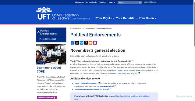 Security scan screenshot of https://www.uft.org/get-involved/uft-political-action/political-endorsements