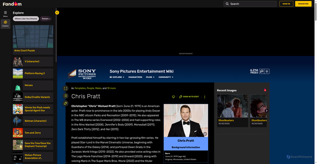 Security scan screenshot of https://sony.fandom.com/wiki/Chris_Pratt