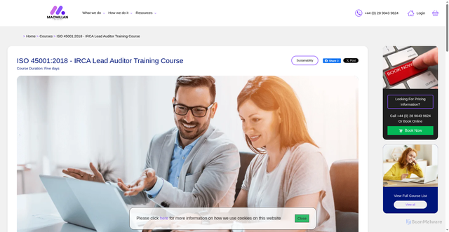 Security scan screenshot of https://macmillantraining.net/find-courses/iso-45001-2018-irca-lead-auditor-training-course-164