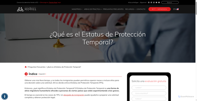Security scan screenshot of https://mendozafirm.com/es/preguntas-frecuentes/que-es-el-estatus-de-proteccion-temporal/
