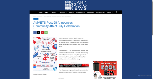 Security scan screenshot of https://ozarkradionews.com/local-news/amvets-post-98-announces-community-4th-of-july-celebration