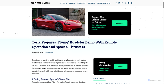 Security scan screenshot of https://theelectricviking.com/tesla-prepares-flying-roadster-demo-remote-operation-spacex-thrusters/