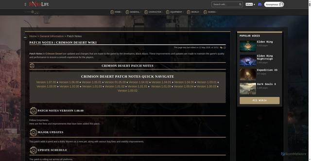 Security scan screenshot of https://crimsondesertgame.wiki.fextralife.com/Patch_Notes