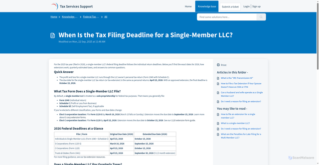 Security scan screenshot of https://support.taxextension.com/support/solutions/articles/151000028770-when-is-the-tax-filing-deadline-for-a-single-member-llc-