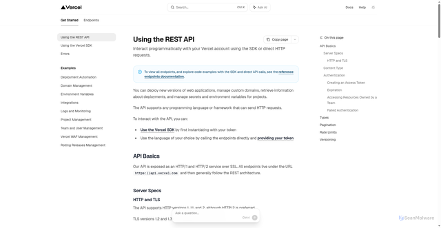 Security scan screenshot of https://api.vercel.com