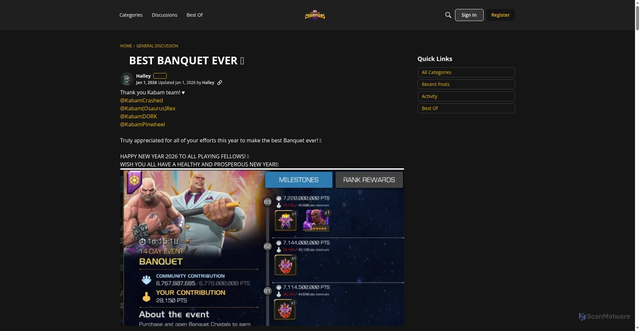 Security scan screenshot of https://forums.playcontestofchampions.com/en/discussion/409500/best-banquet-ever