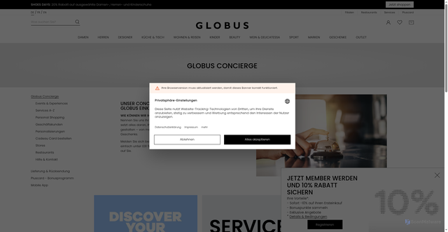 Security scan screenshot of https://www.globus.ch/concierge?sc_src=email_4238158&sc_lid=291846731&sc_uid=zP3R20i424&sc_llid=71904&sc_customer=0327f37c9208167d9b0b5fb90d68e28589aef0066bddedd98d9d5328a5adbcbc&utm_source=newsletter_de&utm_medium=email&utm_campaign=20260909_prom_shoesdays_start_DE_4238158&guid=0327f37c9208167d9b0b5fb90d68e28589aef0066bddedd98d9d5328a5adbcbc&utm_content=