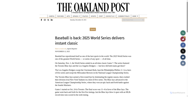 Security scan screenshot of https://oaklandpostonline.com/55436/sports/baseball-is-back-2025-world-series-delivers-instant-classic/