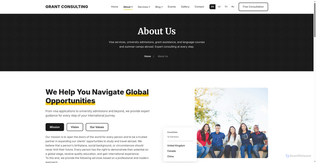 Security scan screenshot of https://grant-consulting.uz/en/about.html