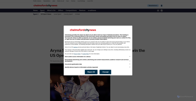 Security scan screenshot of https://www.chelmsfordweeklynews.co.uk/sport/national/25447471.aryna-sabalenka-overcame-demons-win-us-open/