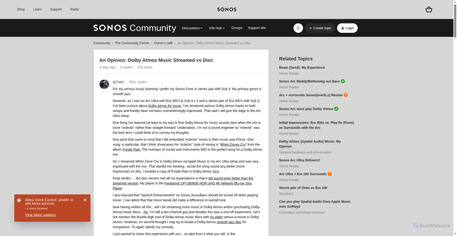 Security scan screenshot of https://en.community.sonos.com/owners-cafe-228997/an-opinion-dolby-atmos-music-streamed-vs-disc-6932909