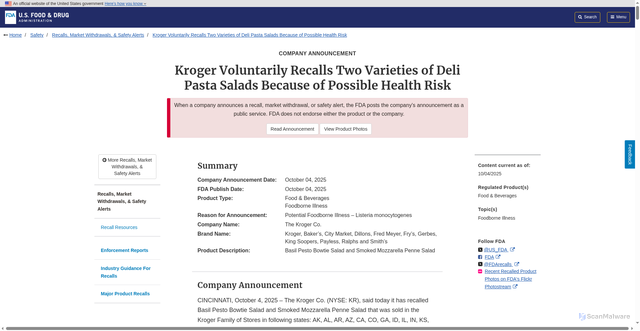 Security scan screenshot of https://www.fda.gov/safety/recalls-market-withdrawals-safety-alerts/kroger-voluntarily-recalls-two-varieties-deli-pasta-salads-because-possible-health-risk
