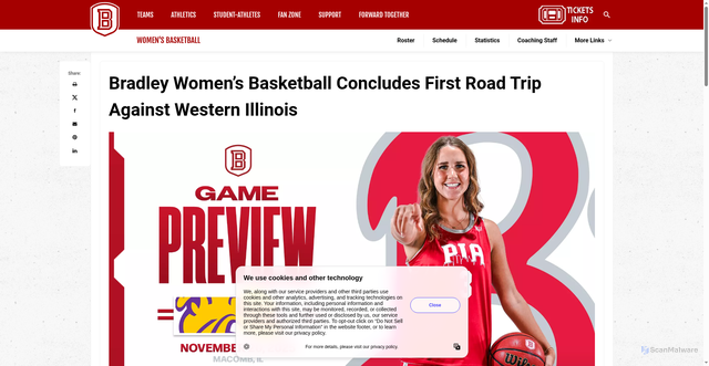 Security scan screenshot of https://bradleybraves.com/news/2025/11/19/womens-basketball-bradley-womens-basketball-concludes-first-road-trip-against-western-illinois.aspx