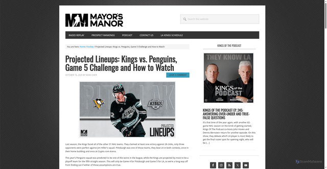 Security scan screenshot of https://mayorsmanor.com/2025/10/projected-lineups-kings-vs-penguins-game-5-challenge-and-how-to-watch/