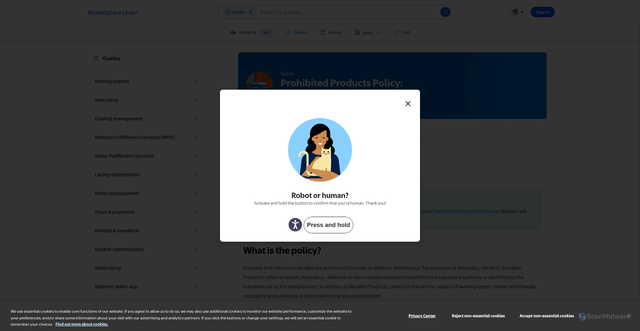 Security scan screenshot of https://marketplacelearn.walmart.com/guides/Prohibited-products-policy:-recalled-products