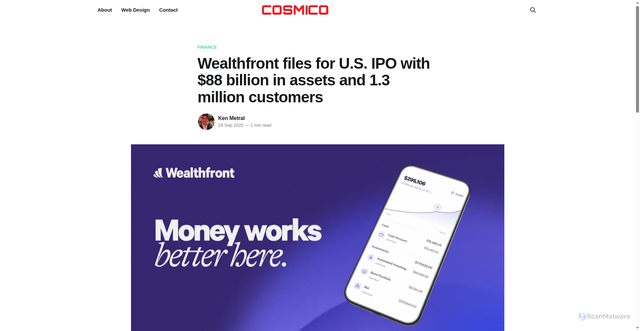 Security scan screenshot of https://www.cosmico.org/wealthfront-files-for-u-s-ipo-with-88-billion-in-assets-and-1-3-million-customers/