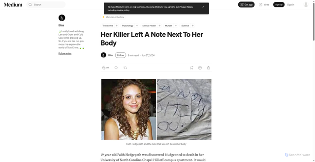 Security scan screenshot of https://theretrobliss.medium.com/her-killer-left-a-note-next-to-her-body-80973112596b