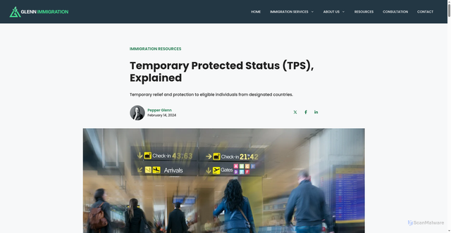 Security scan screenshot of https://glennimmigration.com/immigration-resources/temporary-protected-status-tps/