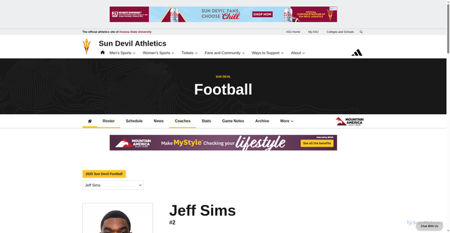 Security scan screenshot of https://thesundevils.com/sports/football/roster/player/jeff-sims