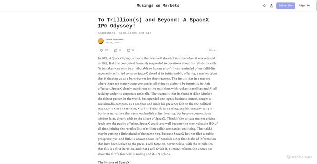Security scan screenshot of https://aswathdamodaran.substack.com/p/to-trillions-and-beyond-a-spacex