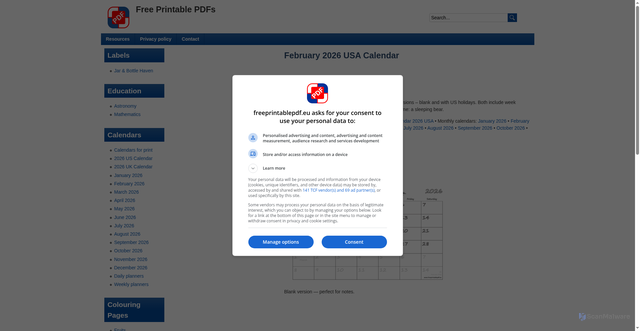 Security scan screenshot of https://www.freeprintablepdf.eu/us-calendar-2026-02-february