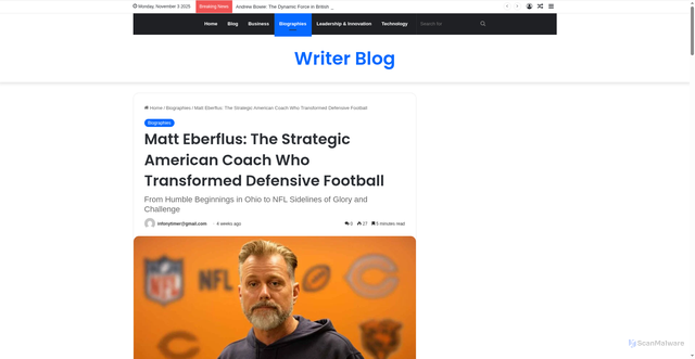 Security scan screenshot of https://writerblog.co.uk/matt-eberflus/