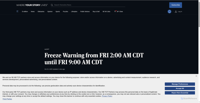 Security scan screenshot of https://kenoshanews.com/news/local/weather/article_2ccc57d3-3b2a-588a-ac9c-68825950ad91.html