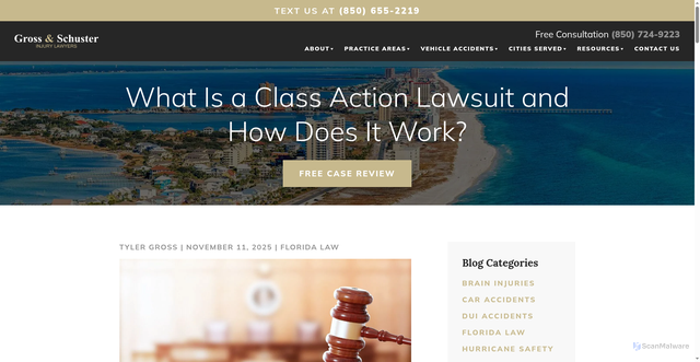 Security scan screenshot of https://www.grossandschuster.com/blog/what-is-a-class-action-lawsuit-and-how-does-it-work/