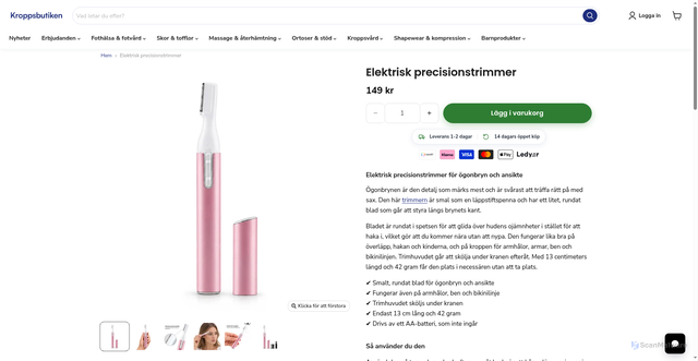 Security scan screenshot of https://kroppsbutiken.se/products/elektrisk-precisionstrimmer?_kx=u2HszHdrGL0ko1AOBaw8Hz_zGjMiRUOnyG-u68ldHJo.V2UBpU