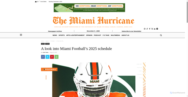 Security scan screenshot of https://themiamihurricane.com/2025/08/19/a-look-into-miami-footballs-2025-schedule/