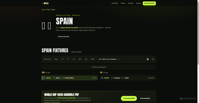 Security scan screenshot of https://worldcup2026pdf.com/team/spain/