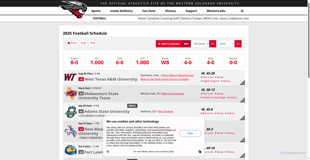 Security scan screenshot of https://gomountaineers.com/sports/football/schedule/2025