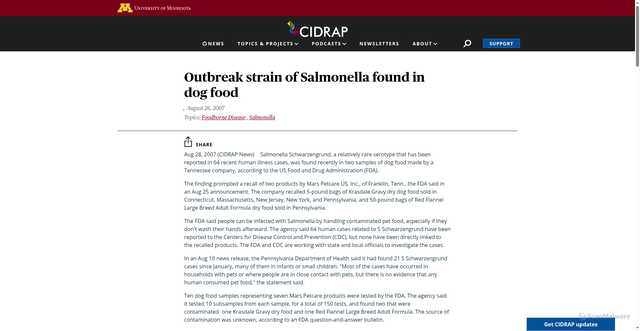 Security scan screenshot of https://www.cidrap.umn.edu/foodborne-disease/outbreak-strain-salmonella-found-dog-food